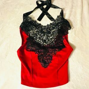 Red and black lace crop top